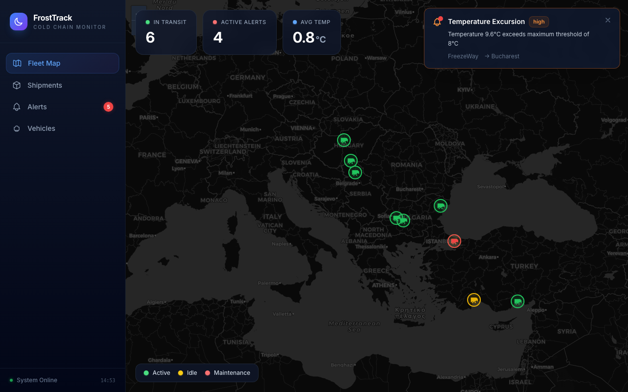 FrostTrack dashboard showing fleet map with vehicle tracking